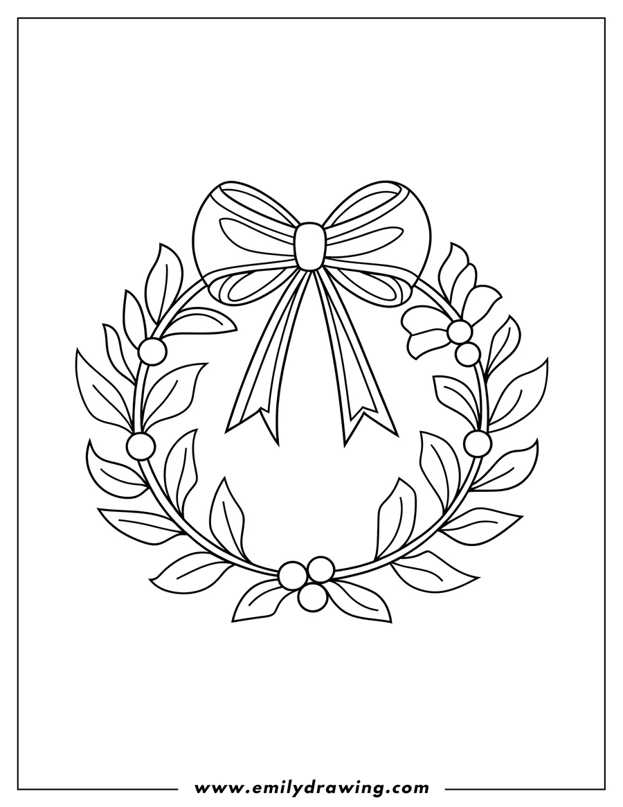 Outline of a bow tied to a circular wreath decorated with leaves and berries.