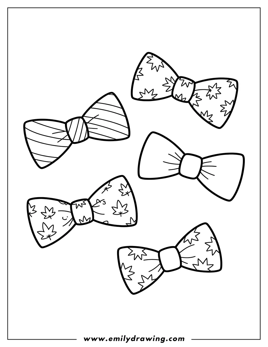 Line art of several bow ties with various patterns, including stripes, stars, and leaves.