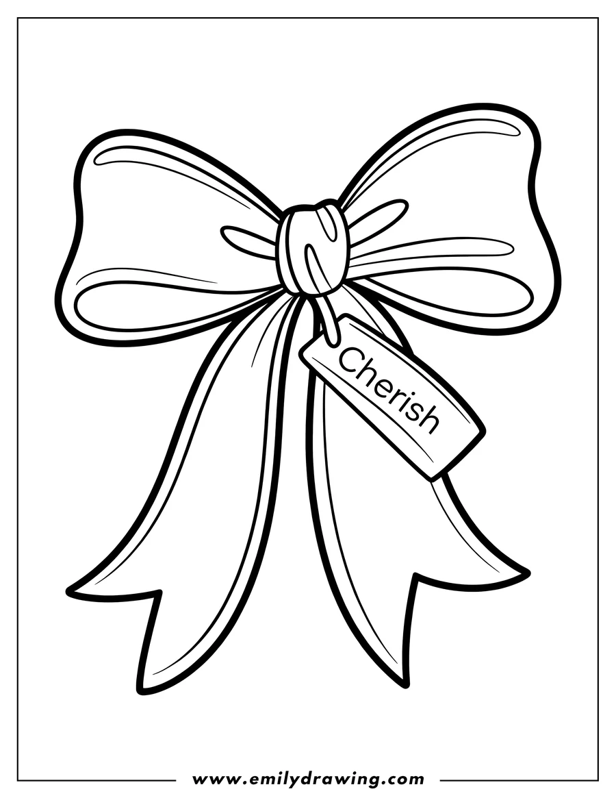 Line art of a bow with a tag that says cherish.