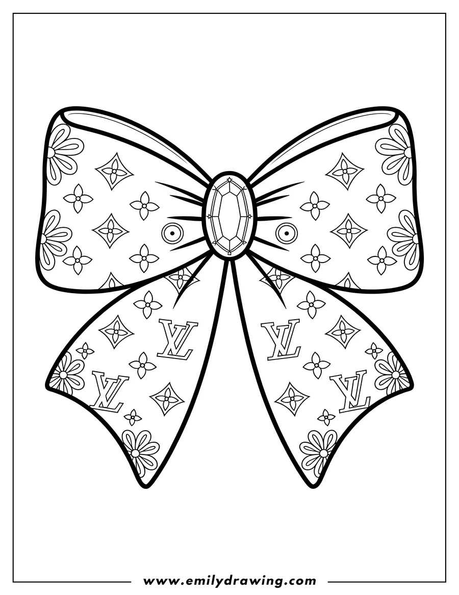 Line art of a decorative bow with a floral and LV monogram pattern, adorned with a central gem.
