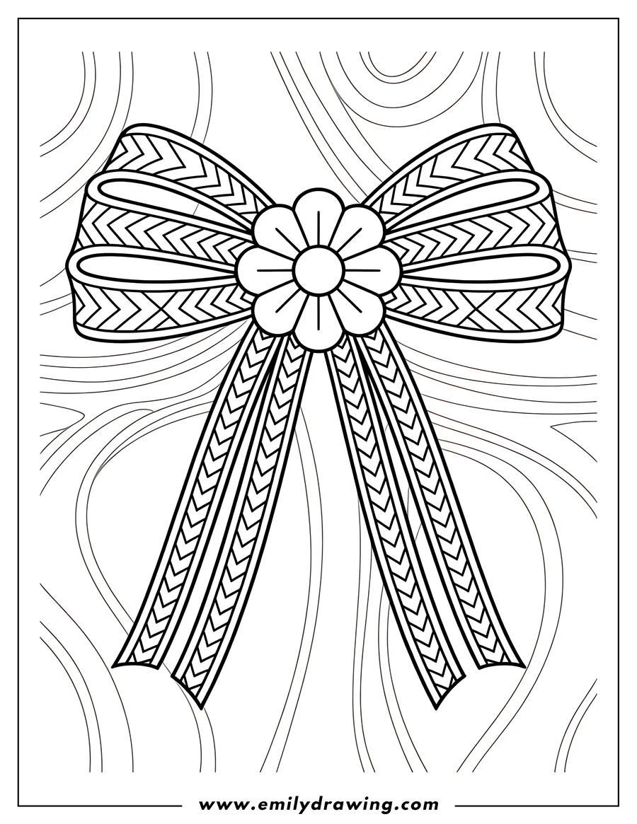 Line art of a decorative bow with a flower in the center and a chevron pattern.