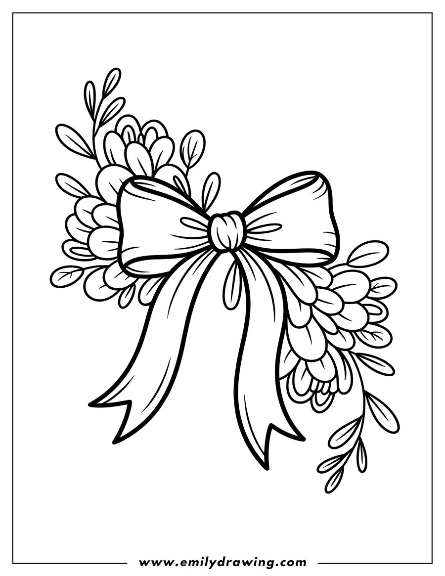 Line art of a decorative bow with flowers and leaves.
