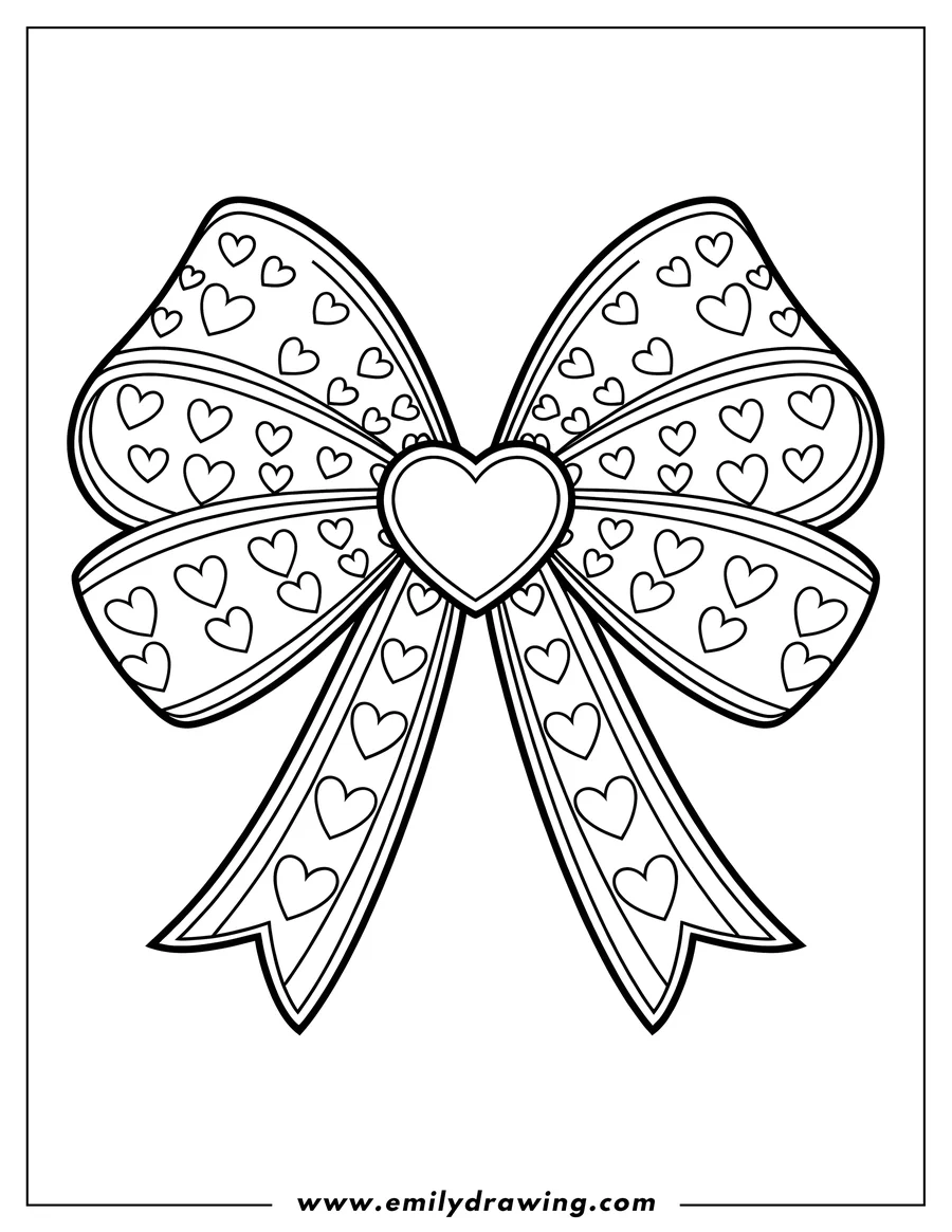Line art of a bow decorated with small hearts and a larger heart in the center.