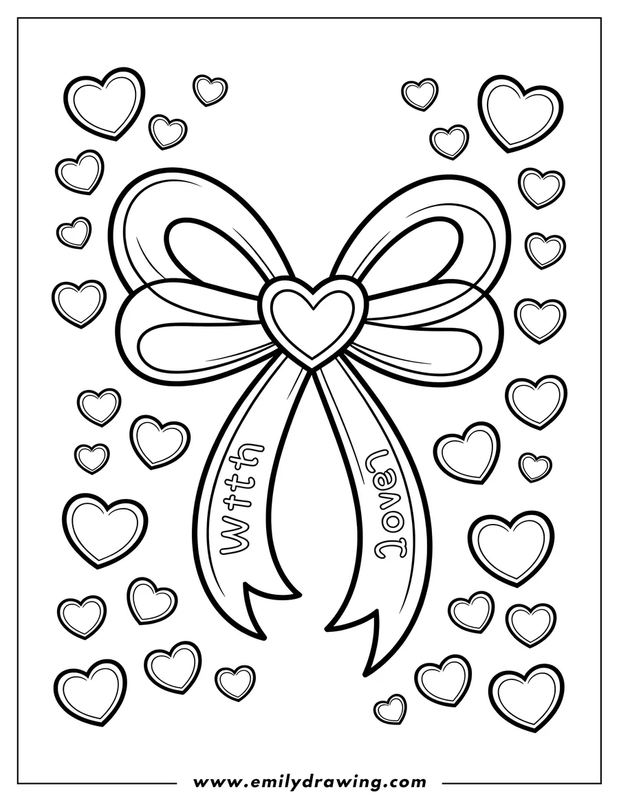 Line art of a bow with a heart in the center and smaller hearts around it. The words