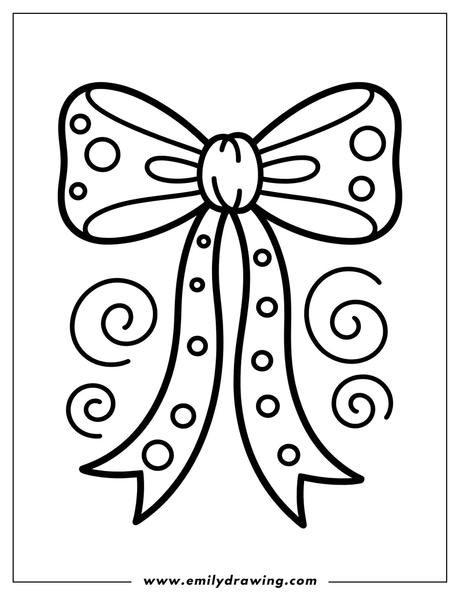 Line art of a decorative bow with polka dots on the loops and ribbons, and swirls around the ribbons. Ready to be colored.