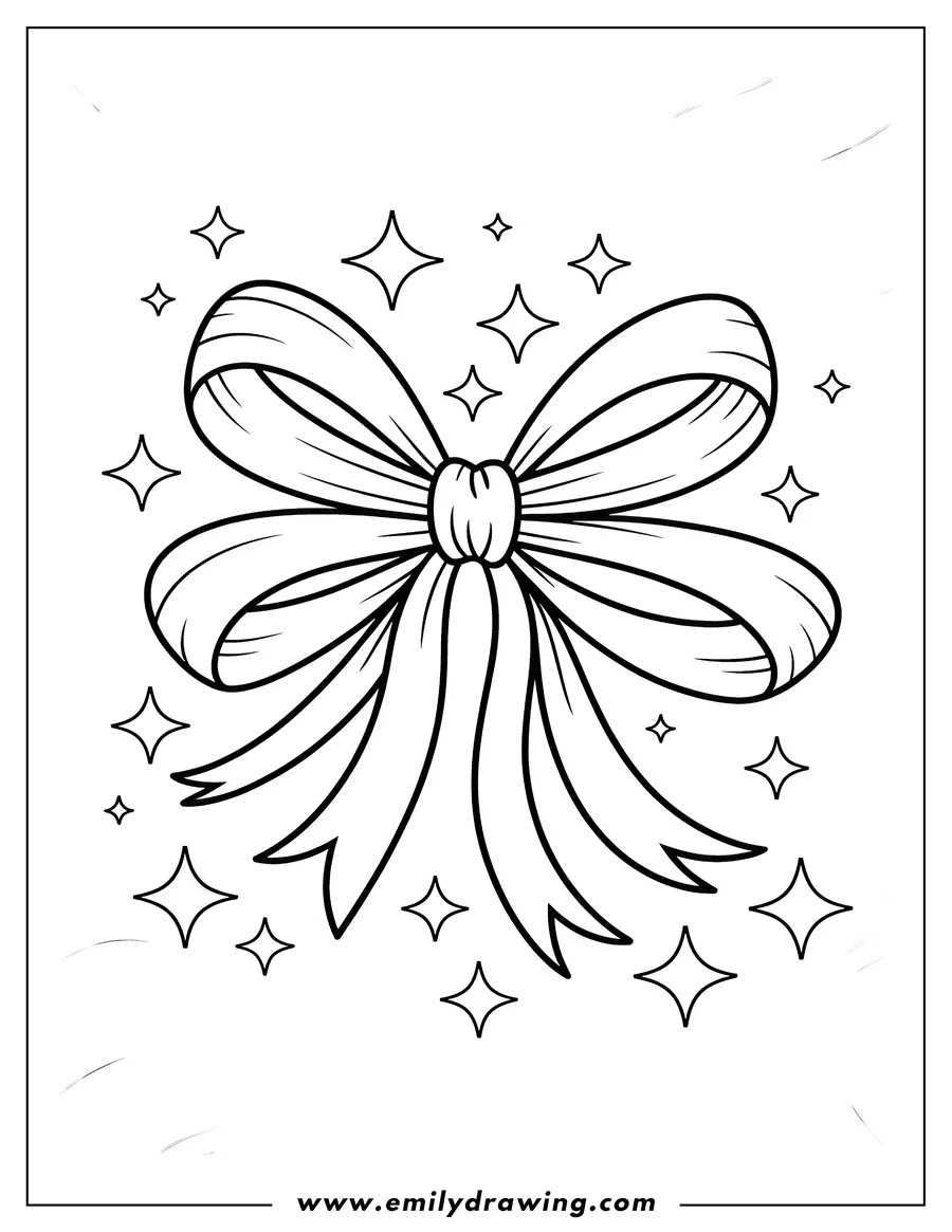 Line art of a decorative bow with surrounding sparkles.