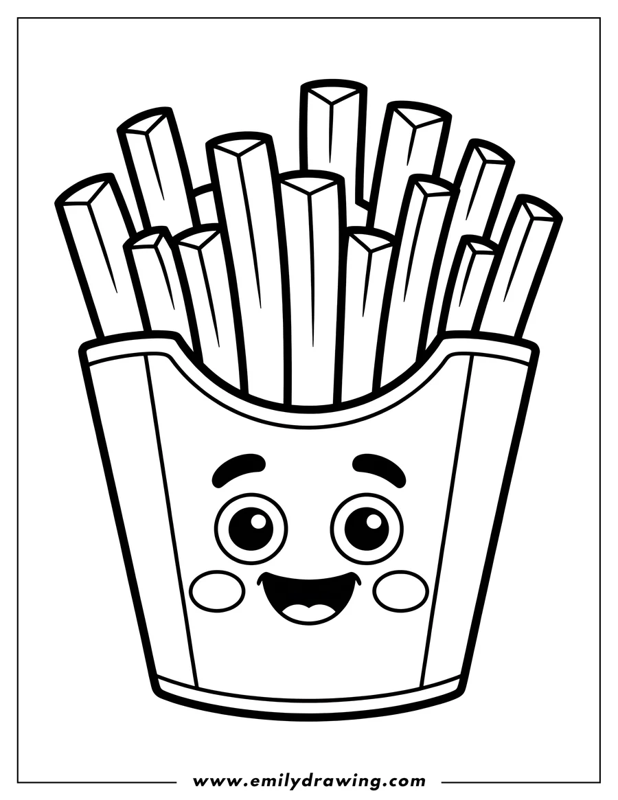 Line art of a box of french fries with a happy face. The box is filled with crispy-looking fries, ready to be colored.
