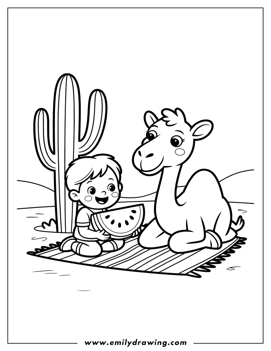 Outline of a boy and a camel sharing a watermelon slice on a blanket in the desert with a cactus in the background.