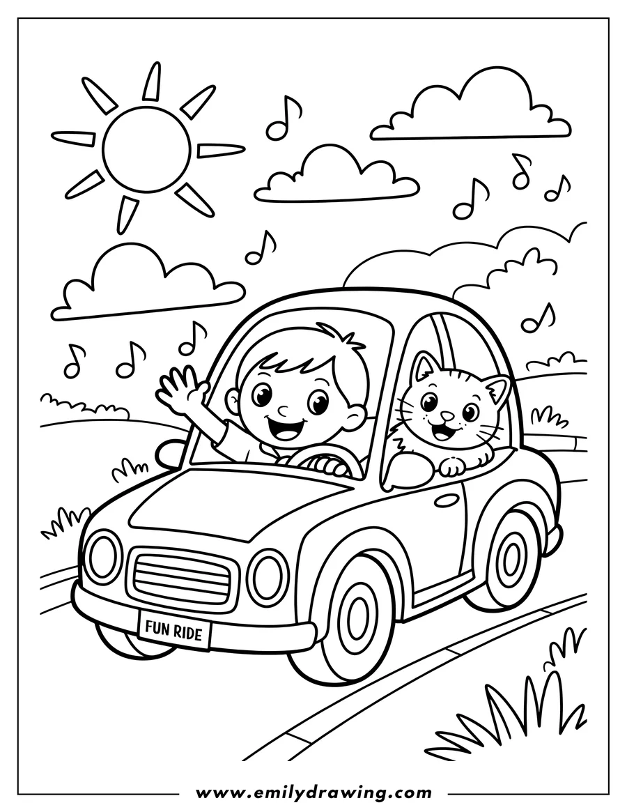 Outline of a boy and a cat riding in a car, with the boy waving and music notes floating around them.