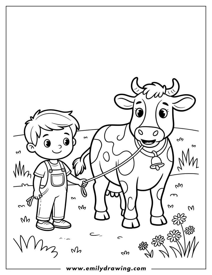 Outline of a young boy leading a spotted cow on a leash. They are walking in a field with grass and flowers.