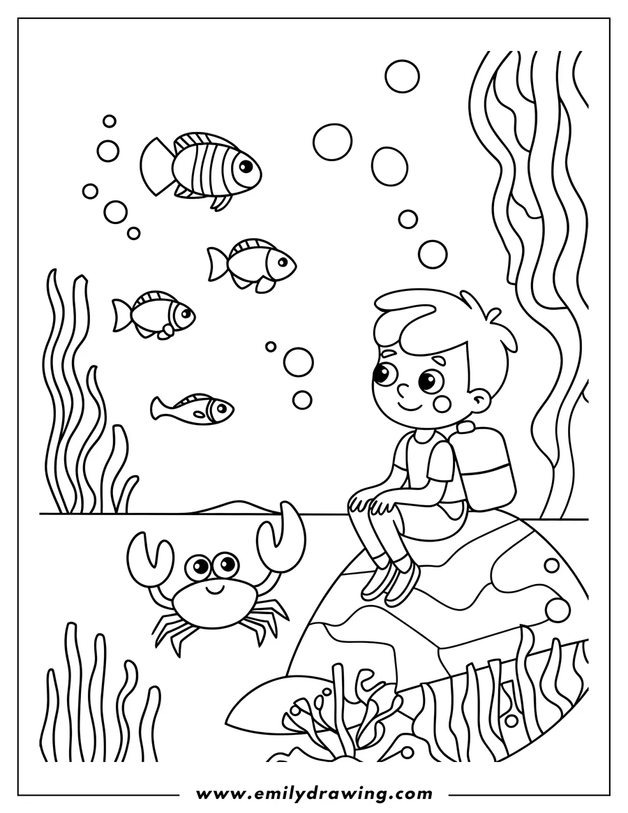 Outline of a boy with scuba gear sitting on a rock underwater, near a crab and some fish swimming amongst seaweed.
