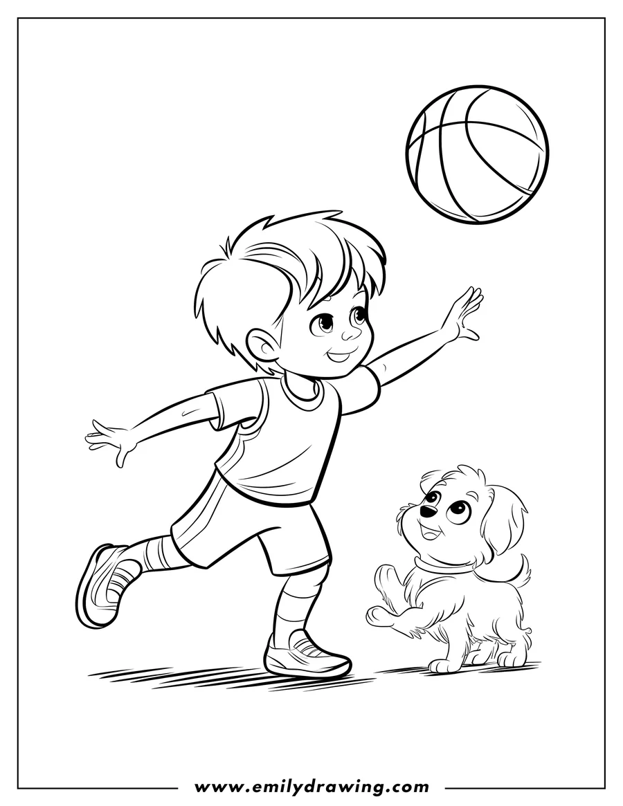 Line art of a young boy throwing a basketball with his puppy watching him. 