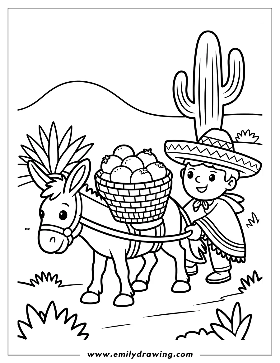 Outline of a boy in a sombrero leading a donkey carrying a basket of oranges, with a cactus in the background.