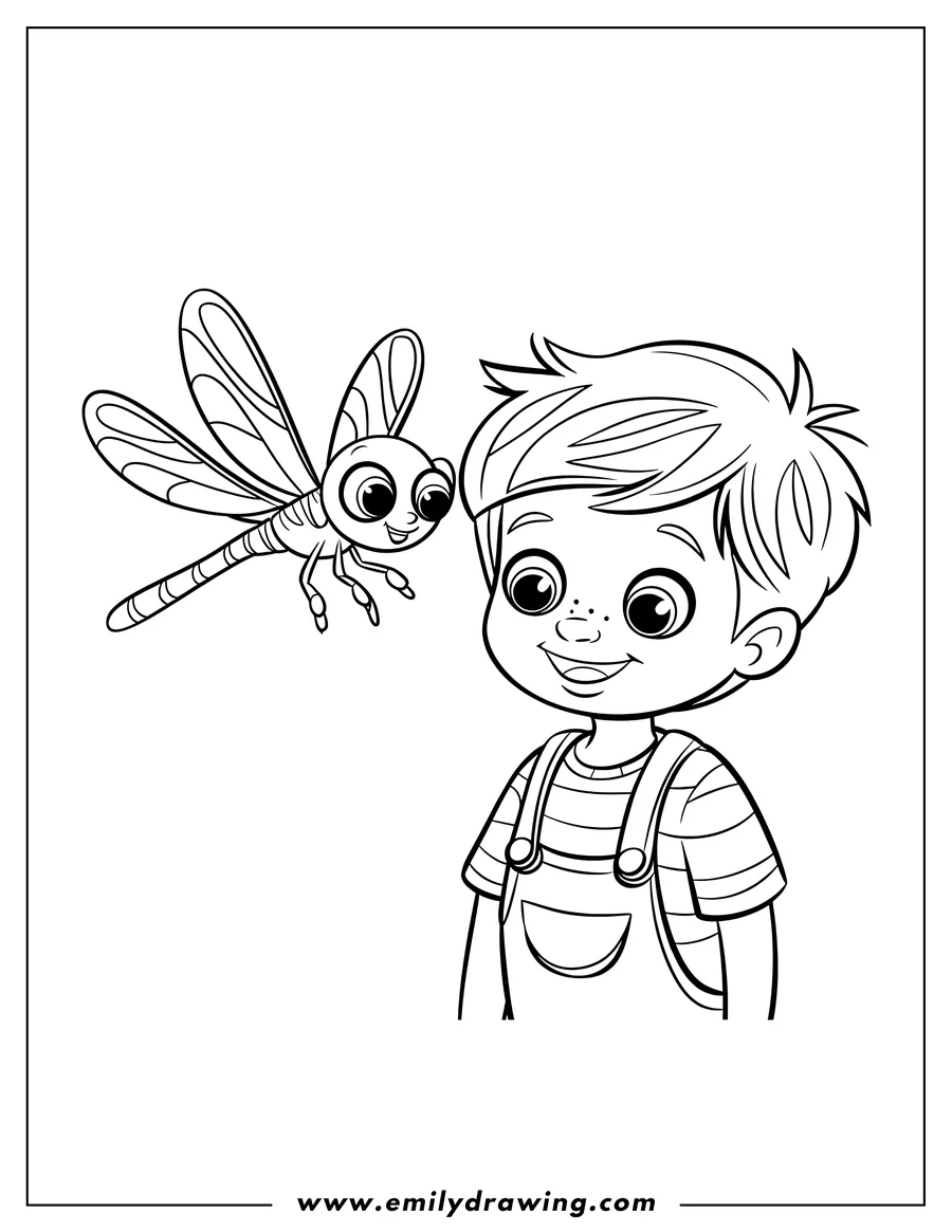 Outline of a young boy looking at a dragonfly