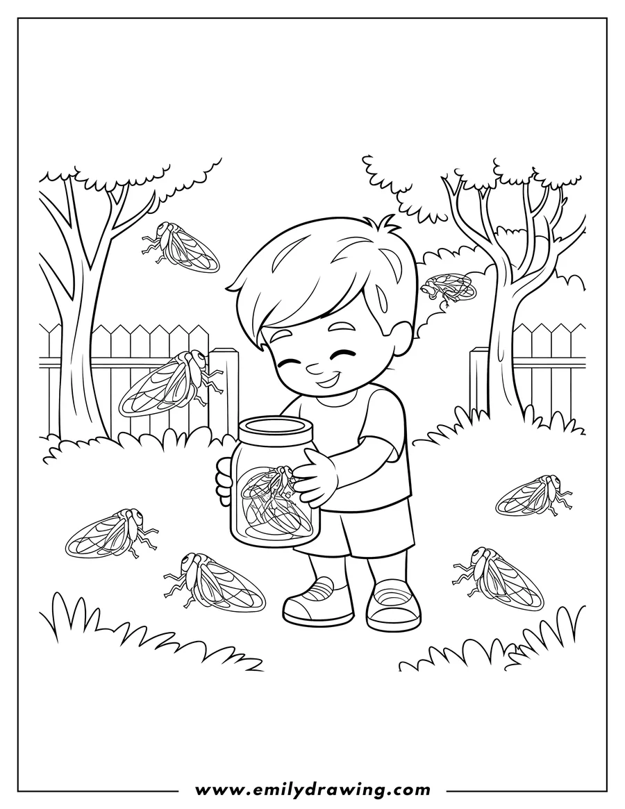 Line art of a young boy catching cicadas in a jar. He is standing in a backyard with trees and a fence.