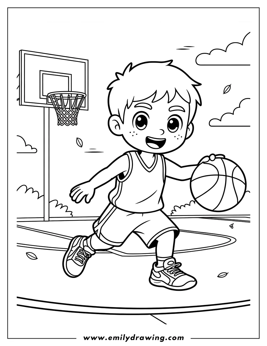 Line art of a boy dribbling a basketball on a court. He's wearing a jersey and shorts, and a basketball hoop is visible in the background.