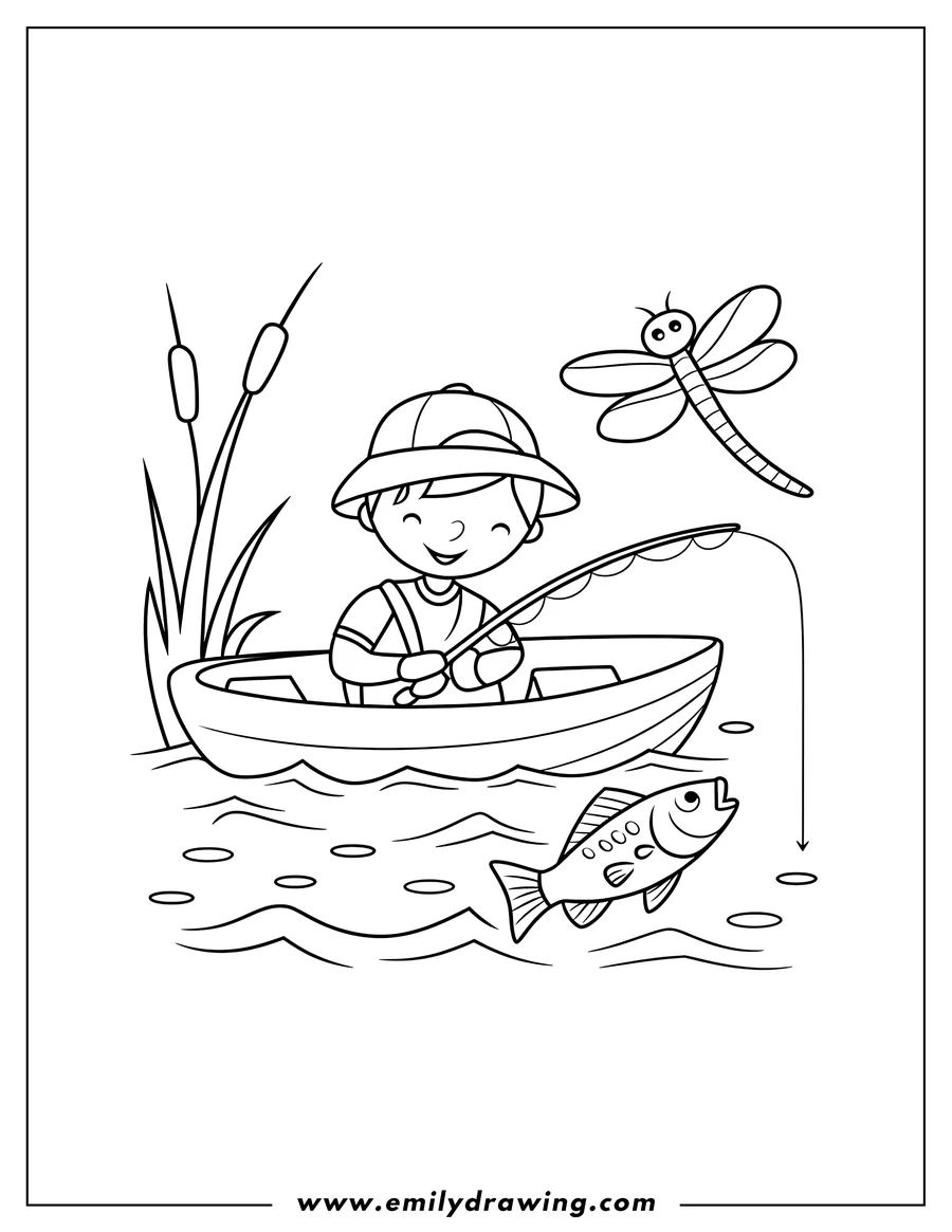 Line art of a boy fishing from a small boat on a lake.  A dragonfly hovers nearby and a fish is about to bite the hook on his fishing line.