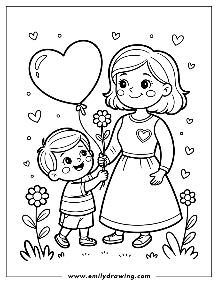 Line art of a boy giving his mom a flower for Mother's Day. He also holds a heart-shaped balloon. Small flowers and hearts decorate the scene.