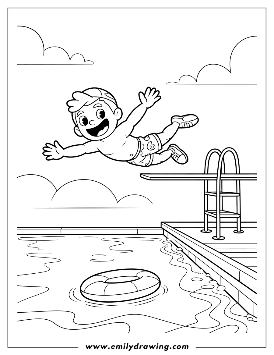 Outline of a boy mid-air, about to jump into a swimming pool from a diving board. A swim ring floats in the water.