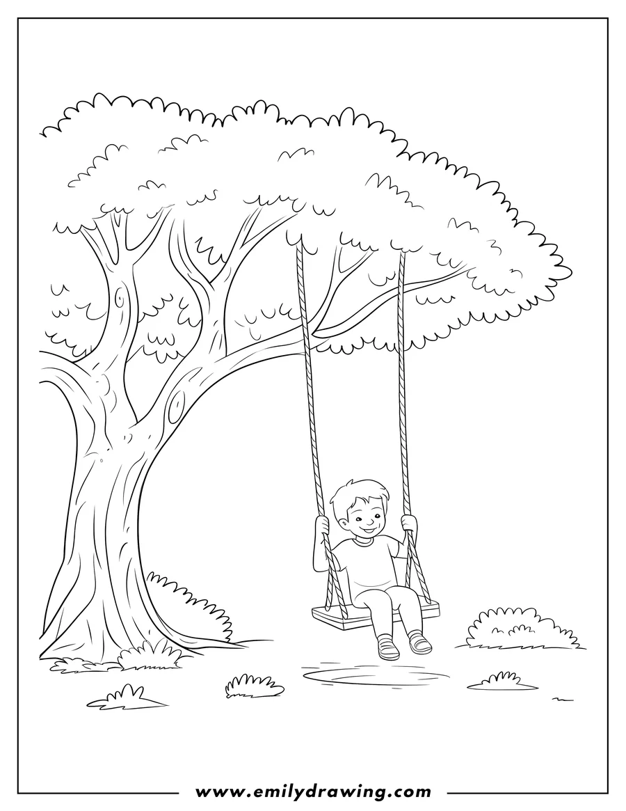 Outline of a boy with short hair happily swinging on a rope swing attached to a large, leafy tree.