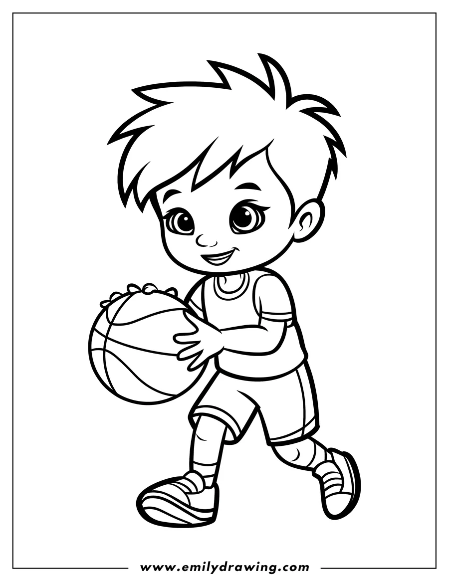 Line art of a boy dribbling a basketball, ready to shoot.