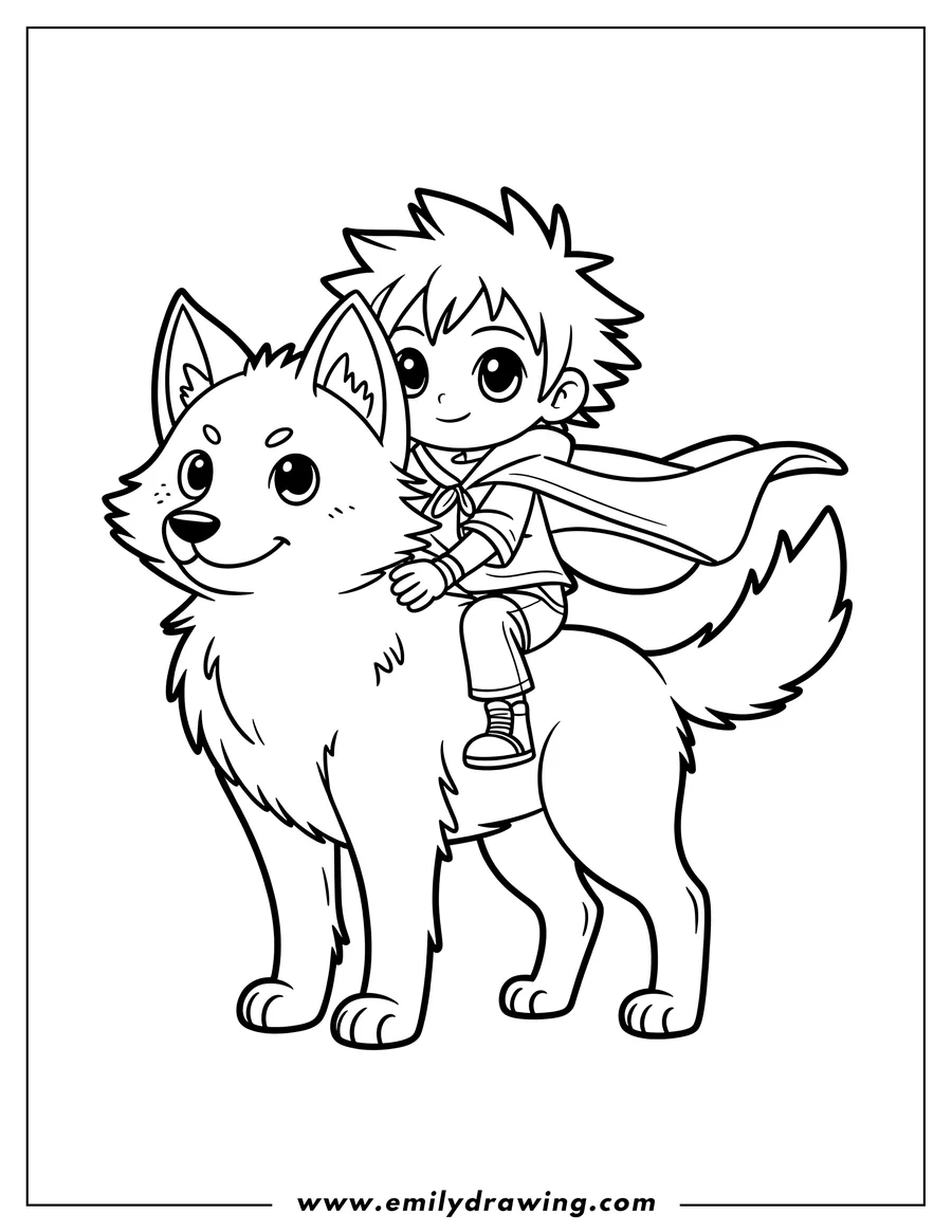 Line art of a young boy with spiky hair and a cape, riding on the back of a large, fluffy Arctic wolf.