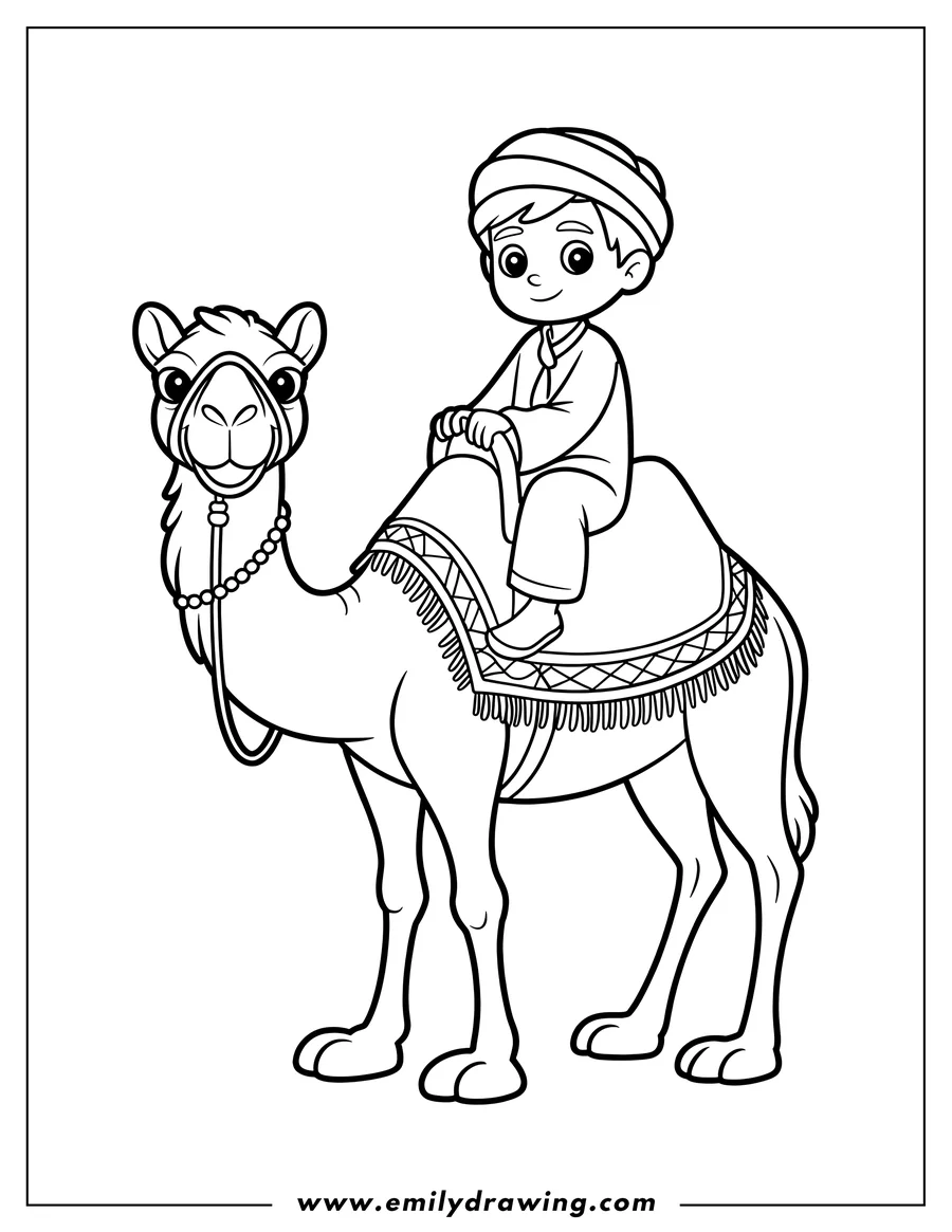 Outline of a boy riding a camel. The camel wears a decorative blanket and the boy has a cap on his head.