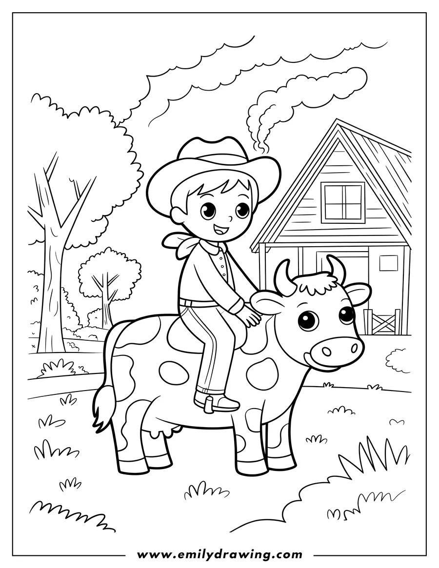 Outline of a young boy in a cowboy hat riding a spotted cow on a farm with a barn in the background.
