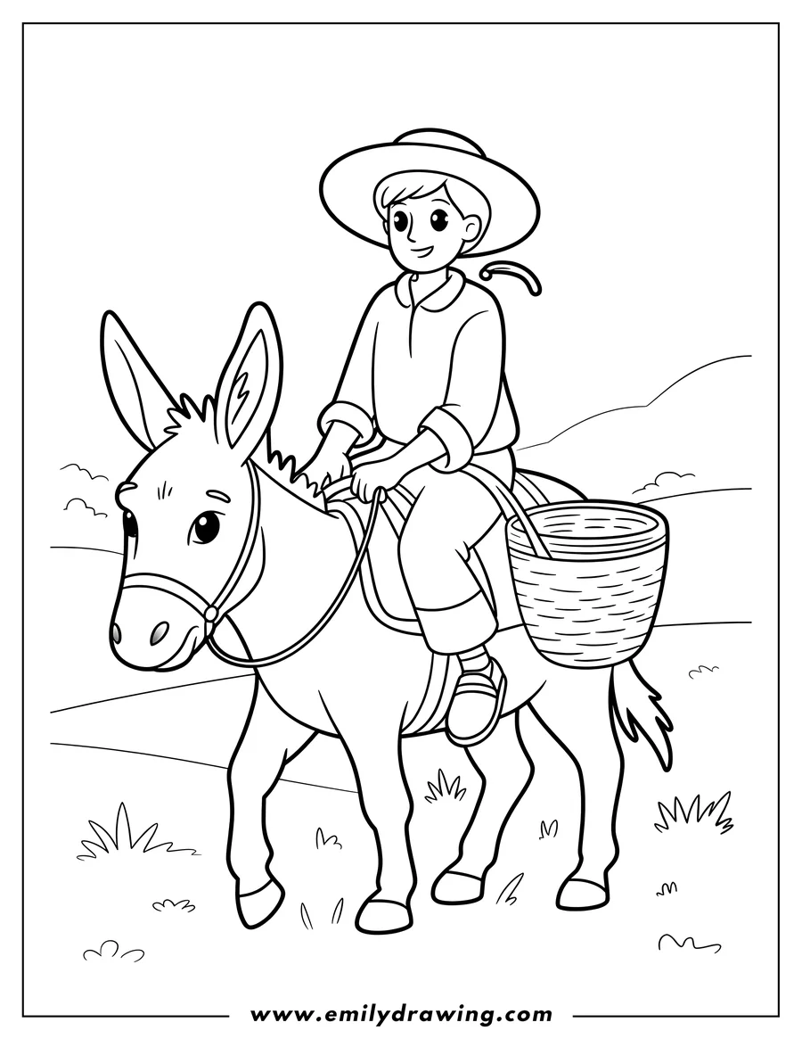 Outline of a boy wearing a hat, riding a donkey with a basket hanging on its side.