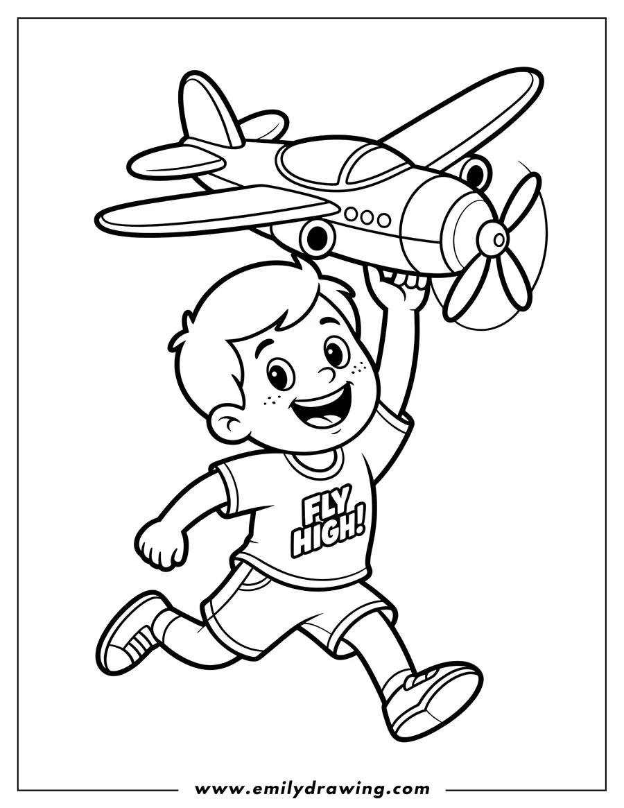 Line art of a boy running with a toy airplane held high. He wears a t-shirt with