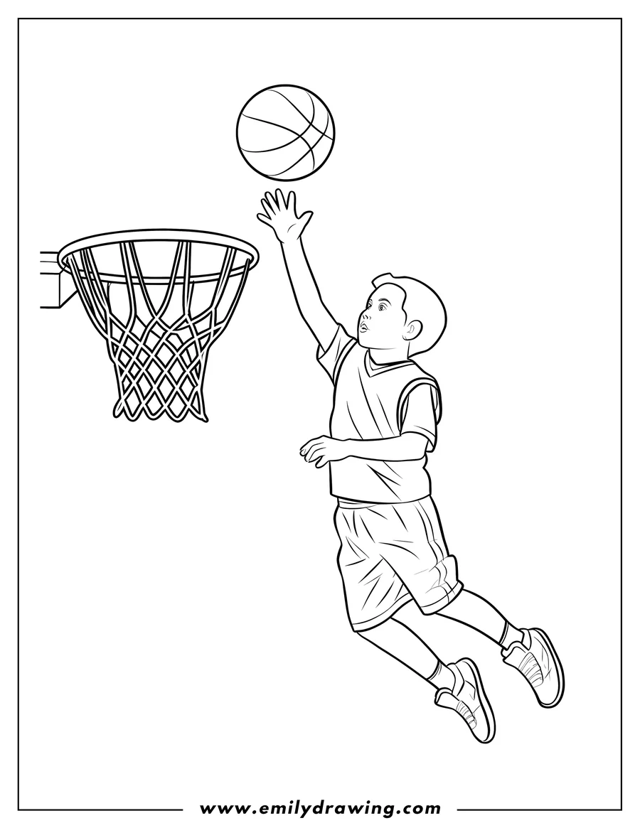 Line drawing of a boy jumping to shoot a basketball into a hoop.