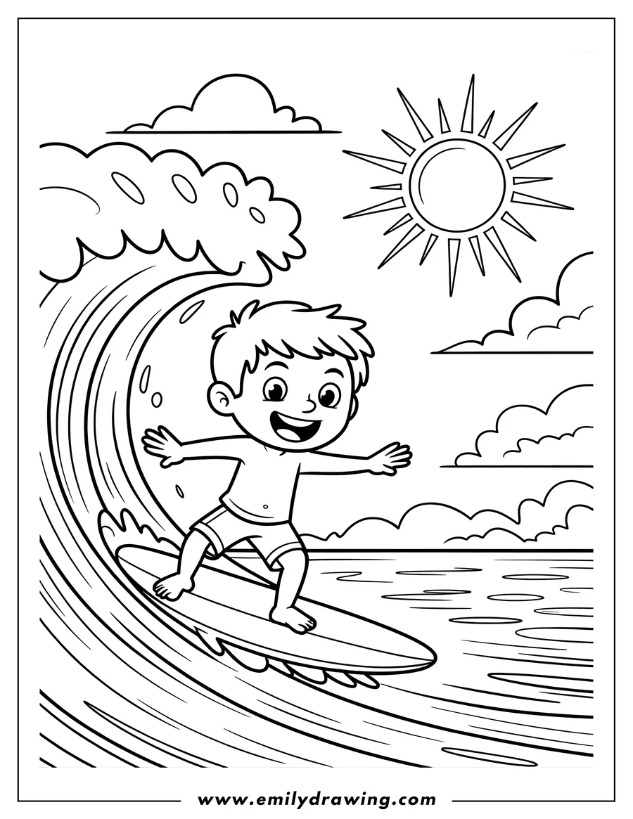 Outline of a boy surfing a wave. The sun is shining and there are clouds in the sky.