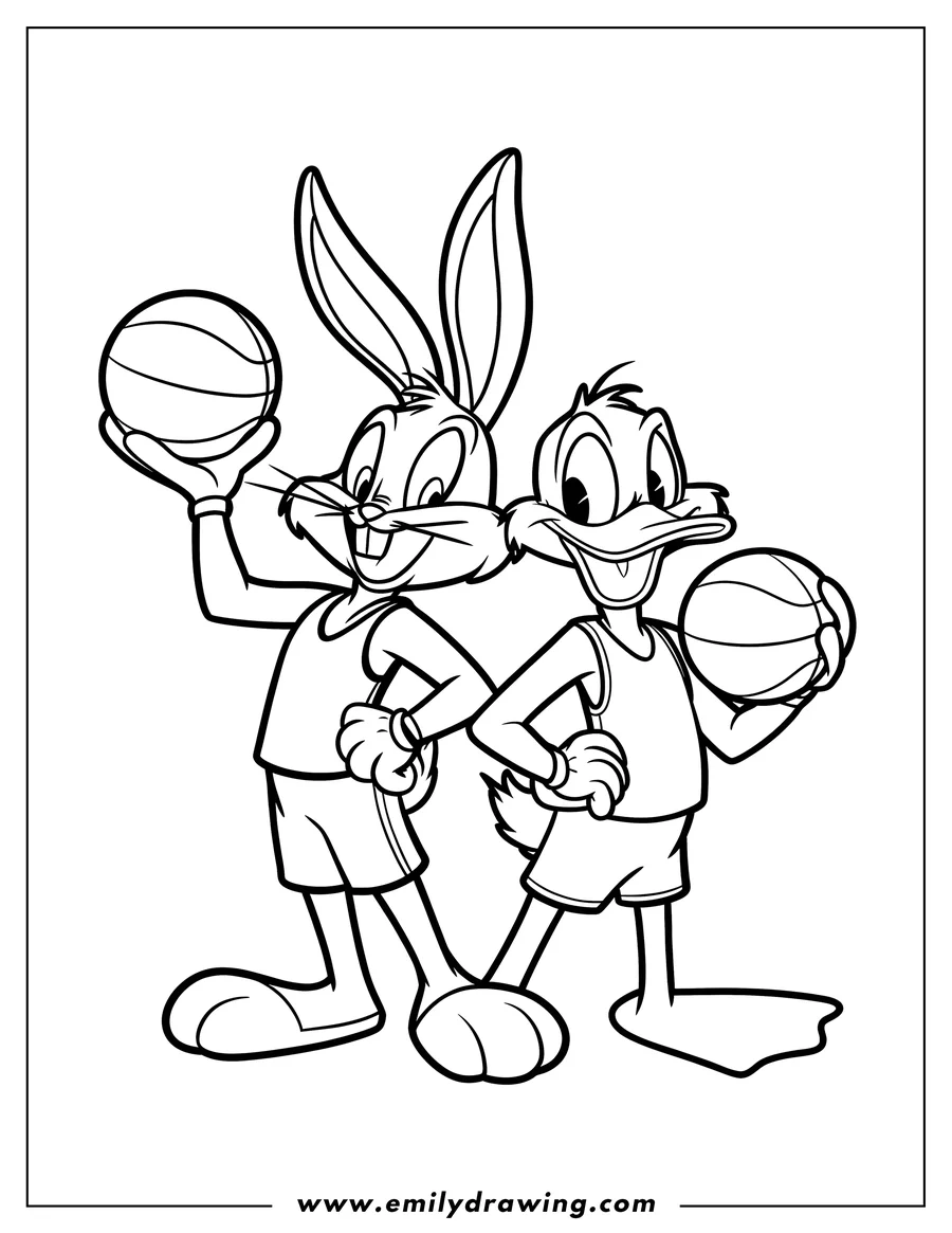 Line art of Bugs Bunny and Daffy Duck, dressed in basketball uniforms, each holding a basketball.