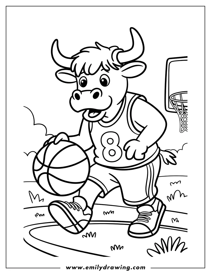 Line art of a bull wearing a basketball jersey and dribbling a basketball on a court. A basketball hoop is visible in the background.