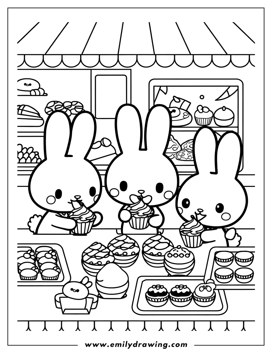 Outline of three bunnies eating cupcakes at a table filled with various pastries and desserts under a striped awning.