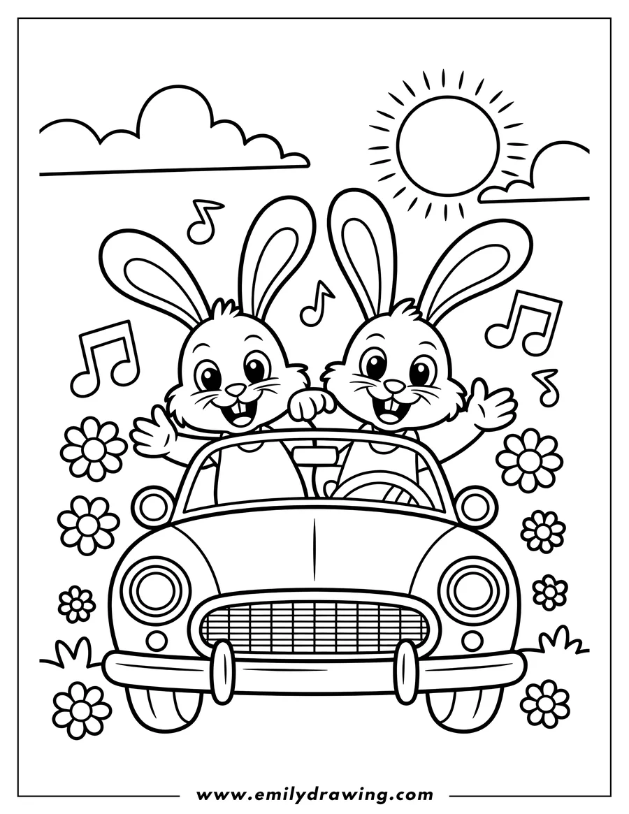 Two smiling bunnies riding in a convertible car on a sunny day with music notes and flowers.