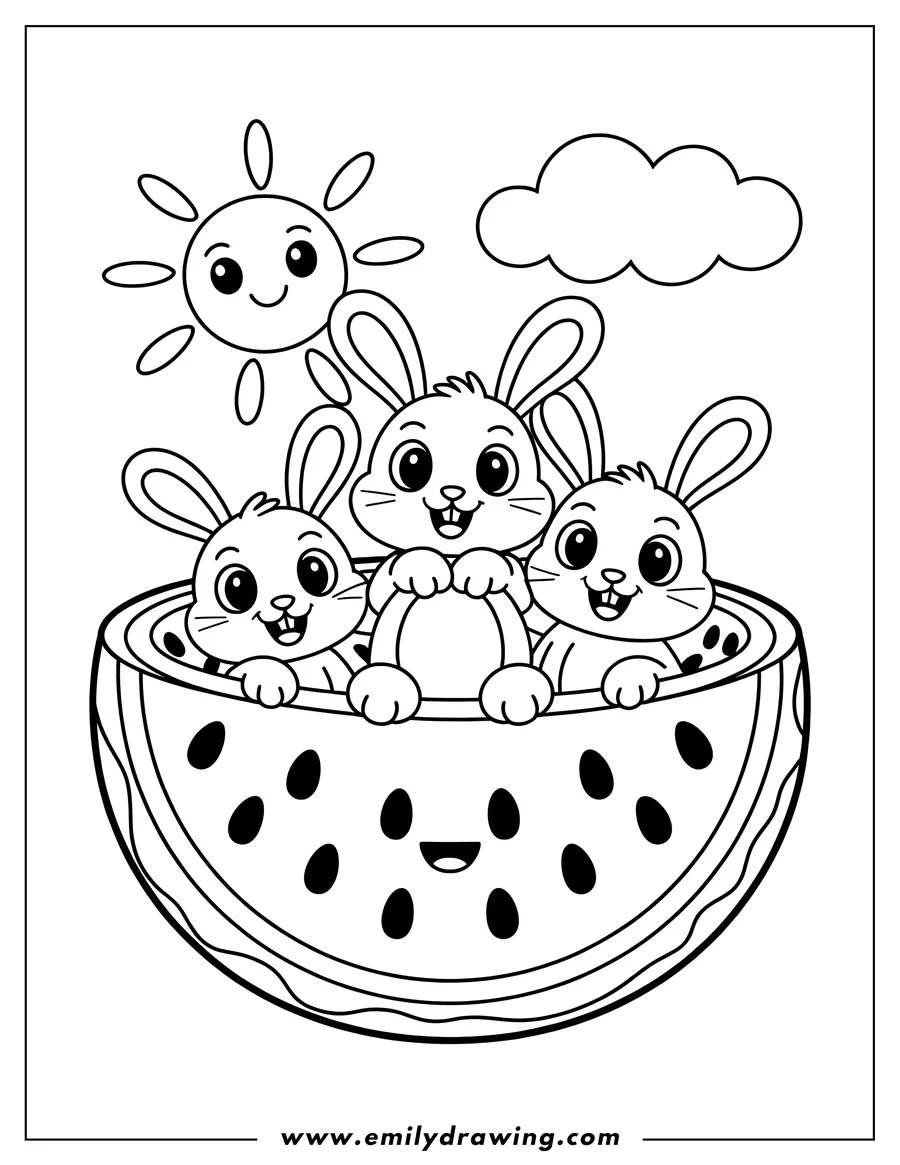 Outline of three bunnies sitting in a watermelon slice under a smiling sun and a cloud.