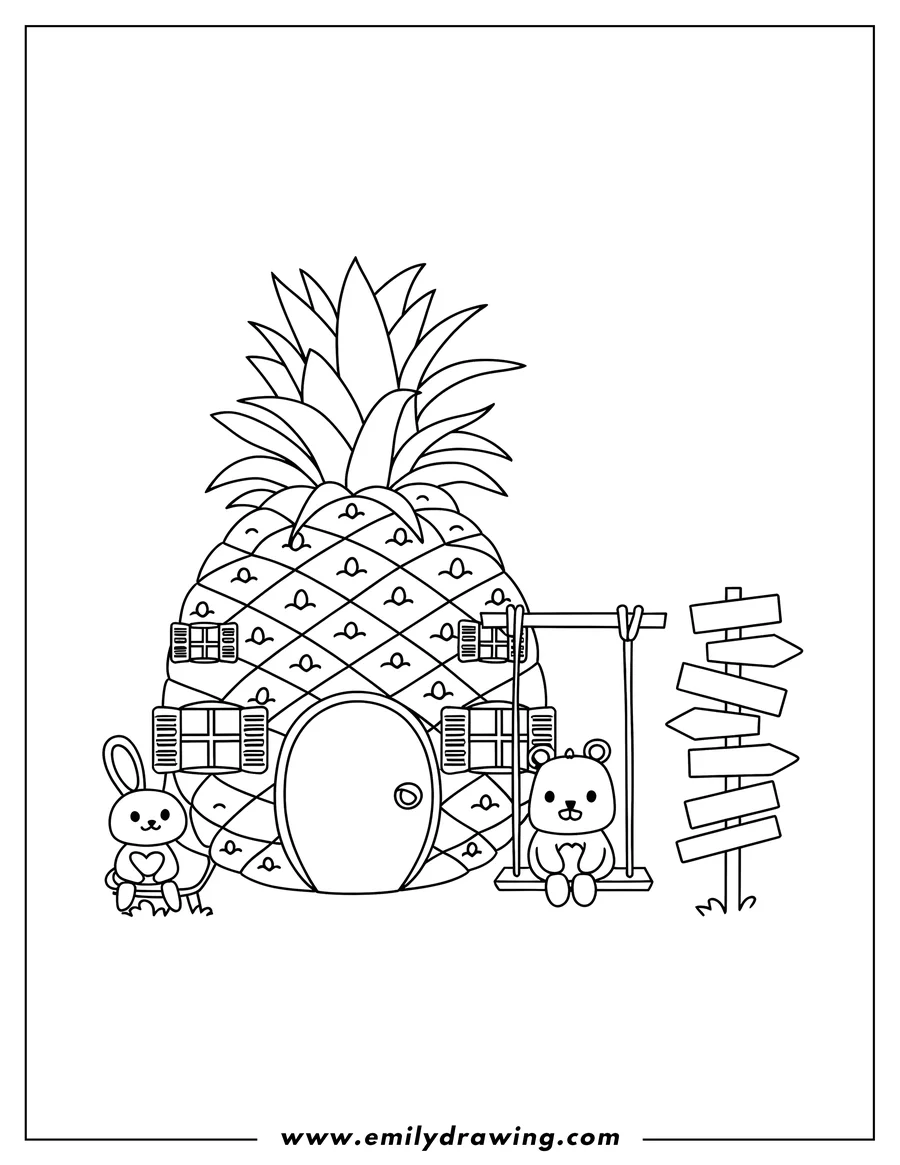Outline of a bunny and bear near a pineapple house with windows and a swing. A multi-directional signpost is nearby.