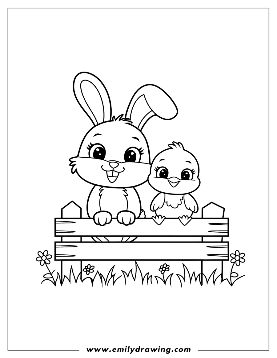 Outline of a bunny and chick sitting on a wooden fence in a field of grass and flowers.