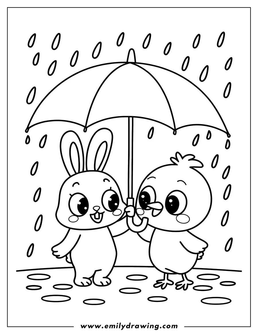 Outline of a bunny and a chick sharing an umbrella in the rain. Raindrops and puddles are visible on the ground around them.