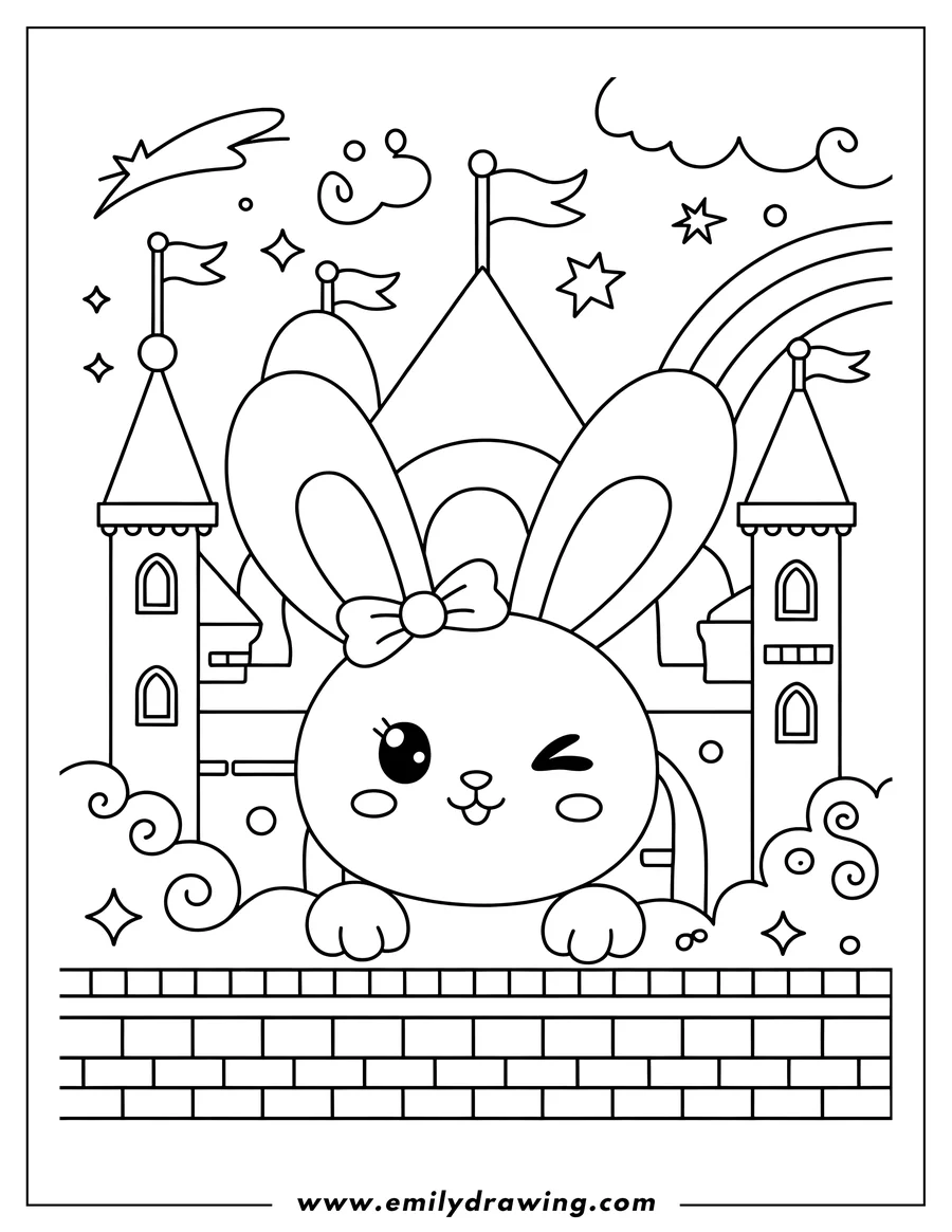Outline of a kawaii-style bunny with a bow winking, standing in front of a whimsical castle with a rainbow, shooting star, and decorative clouds.