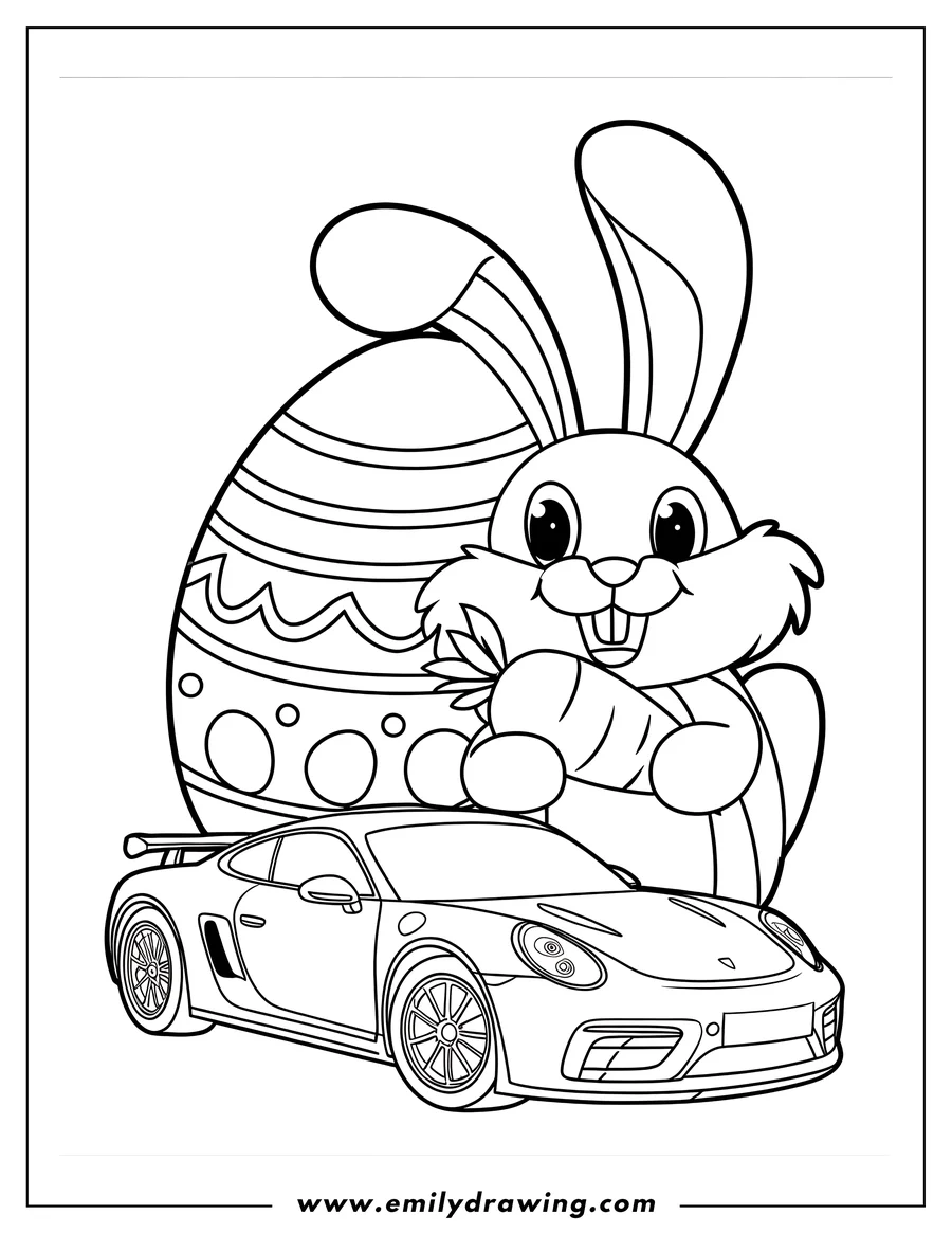 Outline of a bunny holding a carrot in front of a large decorated Easter egg and a sports car