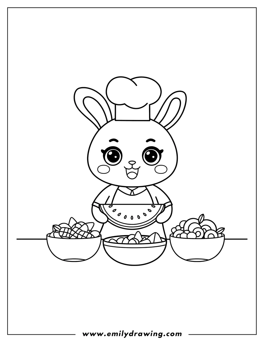 Outline of a bunny chef holding a slice of watermelon, with bowls of fruit salad on either side.