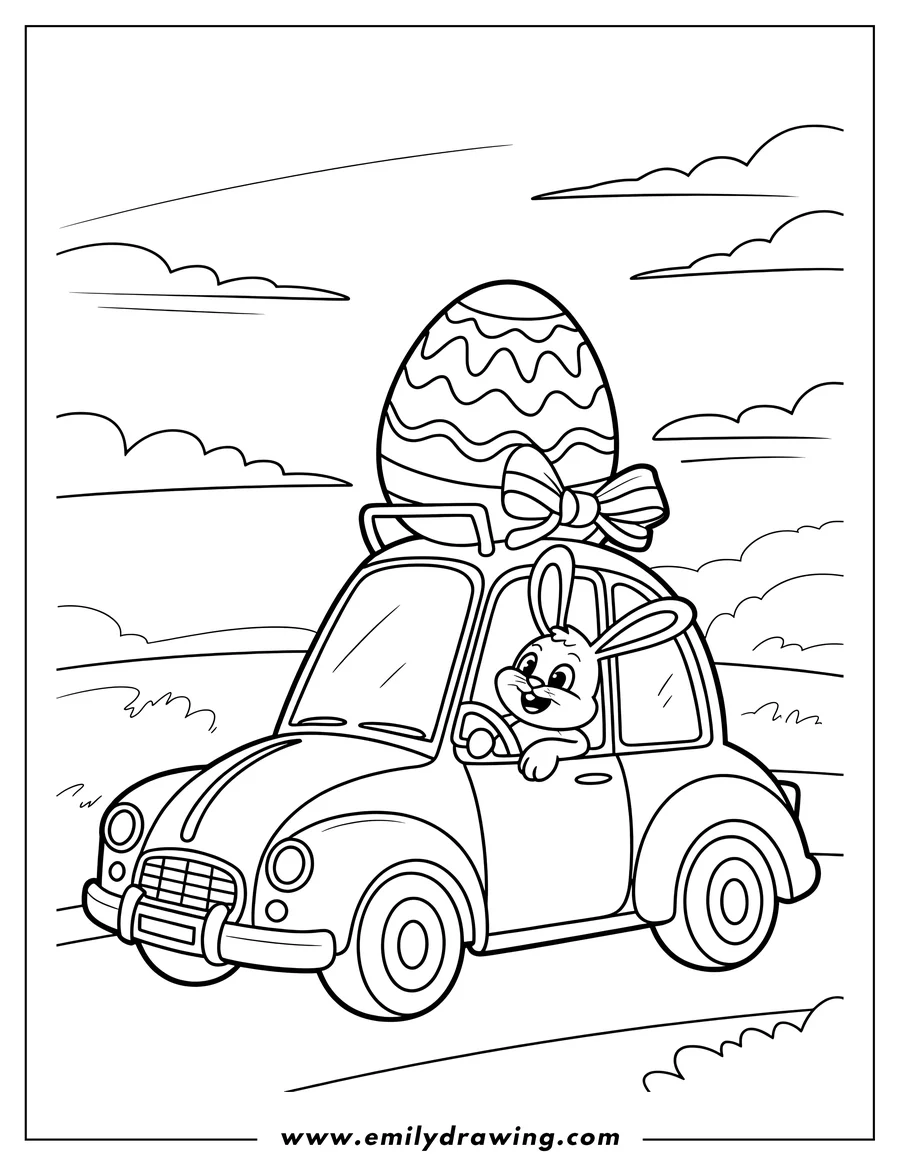 Line art of a bunny driving a car with a large decorated Easter egg tied to the roof.