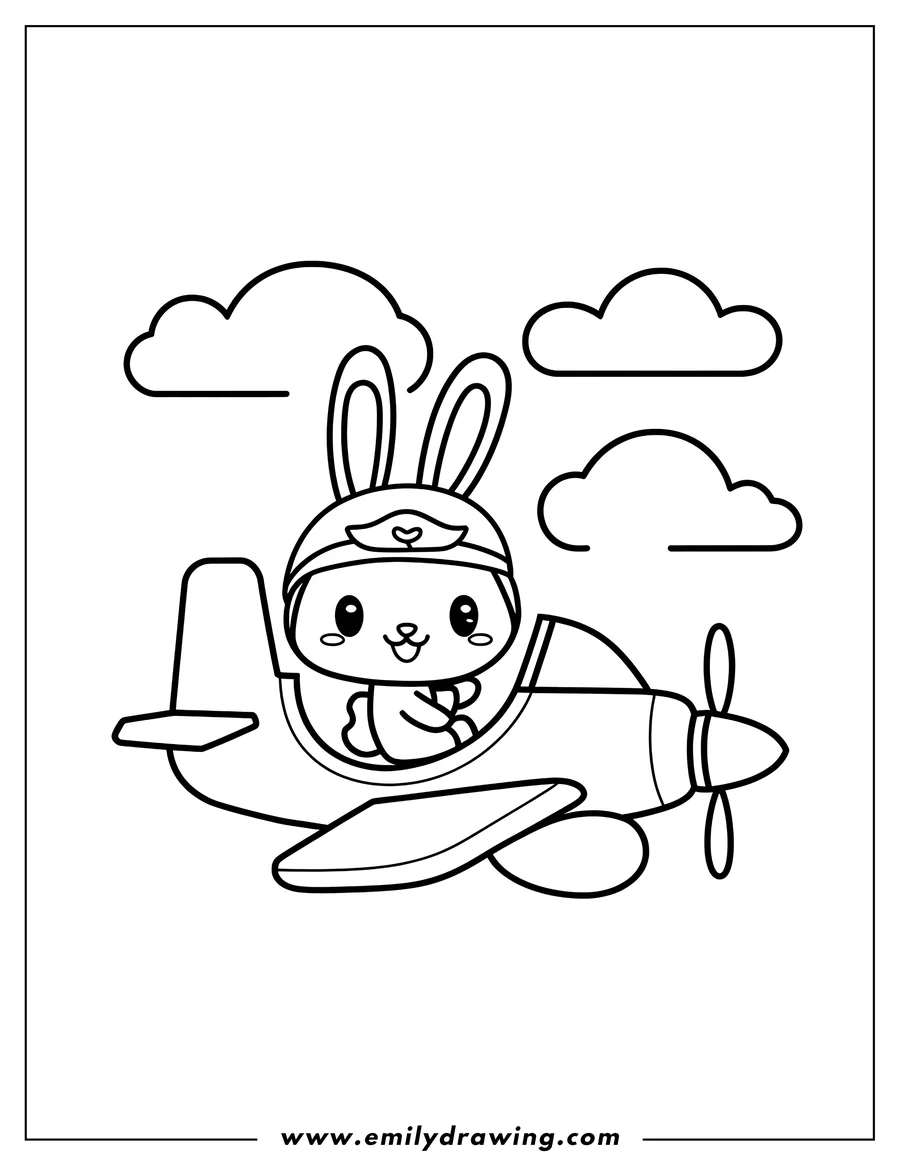 Line art of a cute bunny wearing a pilot's cap and flying a plane amongst clouds.