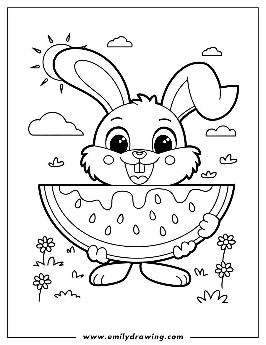 Outline of a cute bunny holding a large slice of watermelon in a field of flowers under a shining sun.