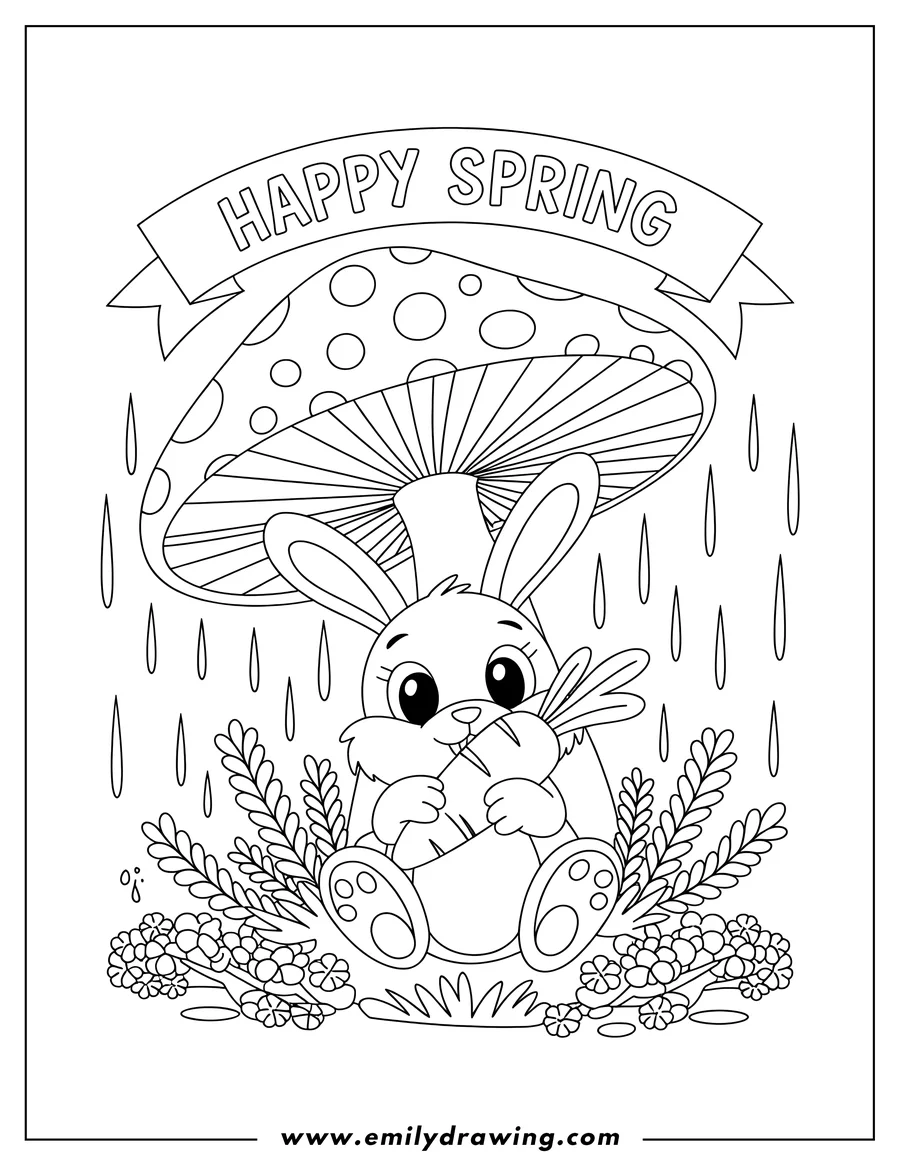 Outline of a bunny sitting under a large mushroom, holding a carrot, with raindrops falling around it and flowers and grass at its feet. A banner above the mushroom says