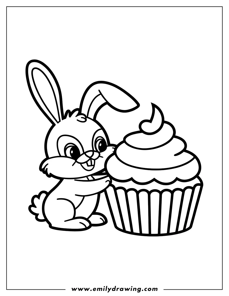 Outline of a bunny sitting next to a large cupcake with swirled frosting.