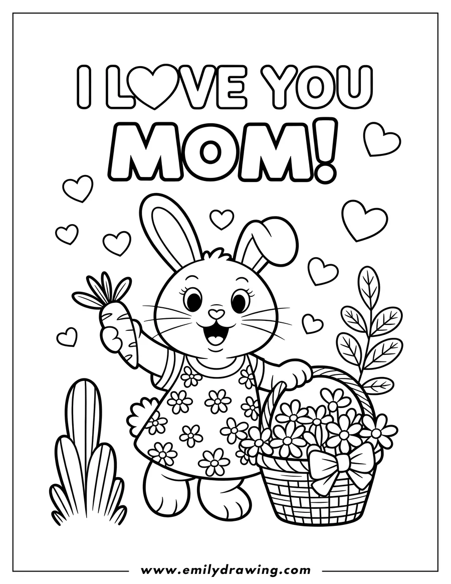 Line art of a bunny holding a carrot and a basket of flowers. The words