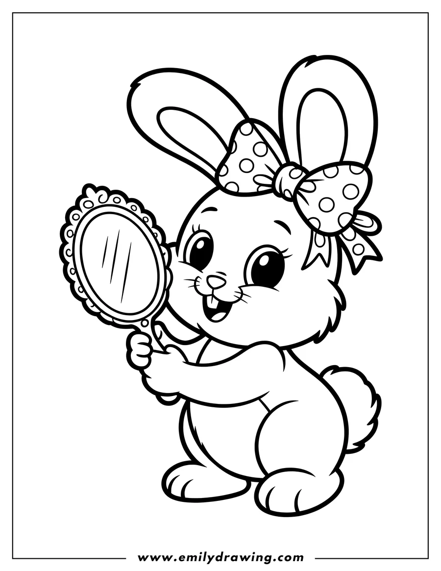 Outline of a bunny with a polka dot bow, holding a hand mirror.